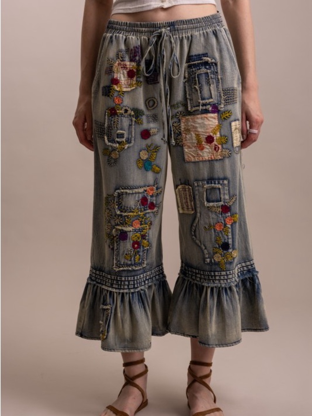 Bluevelvet washed denim embroidered patchwork ruffle bohemian floral pants - Picture 2 of 5